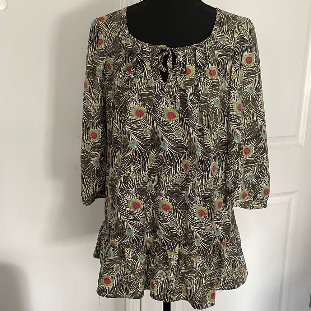 Liberty Tunic Dress Size S Gray White Green Graphic Floral Peacock Print  Frills
